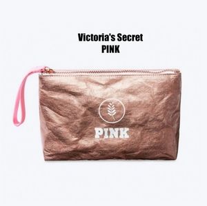 VS PINK Metallic Rose Gold Foil Shine Oat Travel Makeup Beauty Bag Wristlet NEW